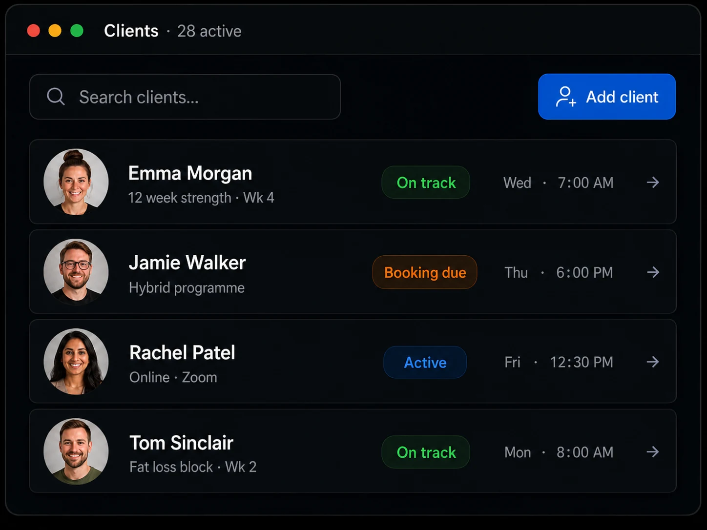 Client management dashboard listing clients with status and next session